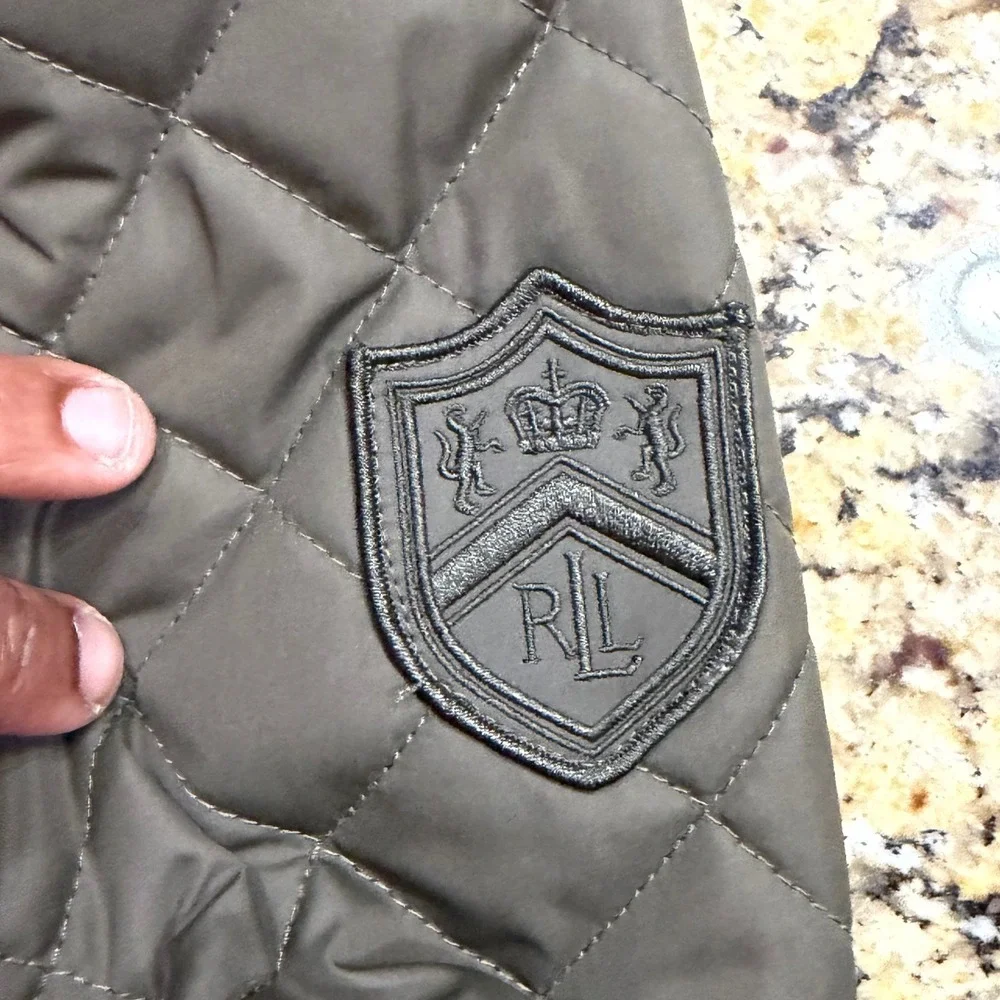 Lauren Ralph Lauren Quilted Jacket Olive Green Faux Leather Trim Women Large